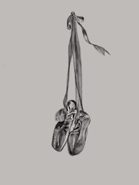 a drawing of a pair of ballet shoes hanging from a string